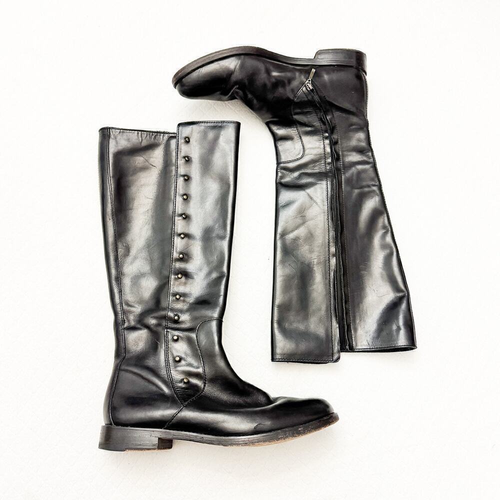Cole Haan Black Leather Zip Up Riding Biker Boots Riveted Knee High Size 7 EUC